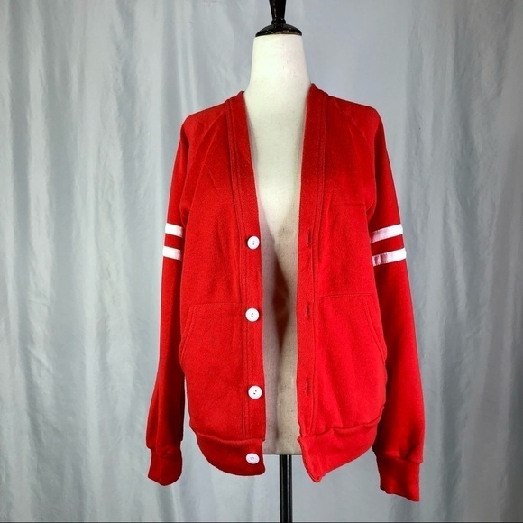 Vintage Gearing Up single stitch varsity cardigan sweatshirt red white S - Picture 9 of 9